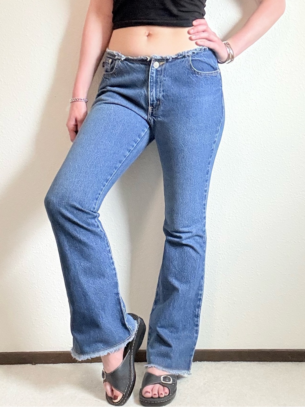 Y2K Vintage Low Rise No Waistband Flare Jeans Raw Hem Boho Chic Retro